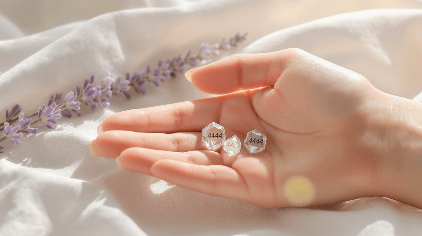 Open hand holding three clear crystals etched “4444,” with a lavender sprig on sunlit white fabric.
