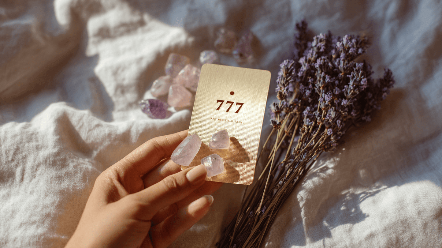Hand holding a gold “777” card with rose quartz crystals, next to a bundle of dried lavender on sunlit fabric.