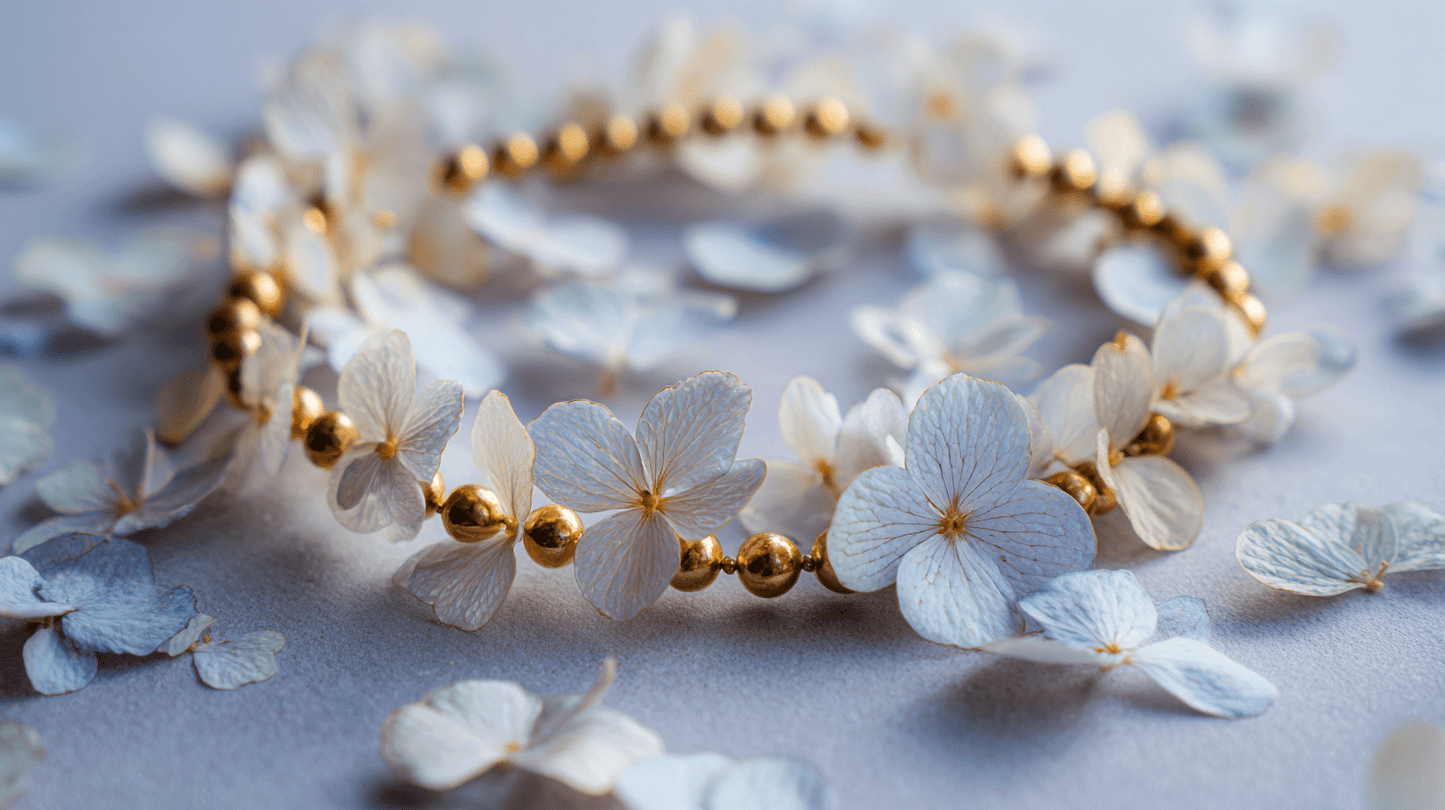 A gold bead bracelet arranged in a loose circle on a pale lavender-gray surface, surrounded by scattered white hydrangea petals, softly lit to accentuate the warm metallic sheen of the beads.
