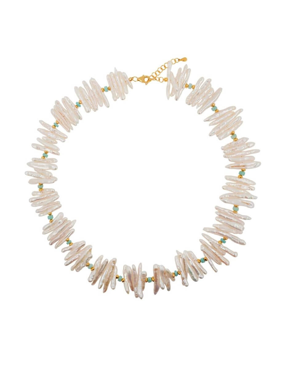 BEAMMORE Amazonite & Biwa Pearl Beaded Gold-Plated Sterling Silver Necklace – Gemstone Jewelry