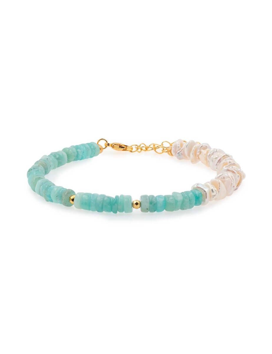 BEAMMORE Amazonite & Pearl Beaded Gold-Plated Sterling Silver Bracelet – Beaded Gemstone Jewelry