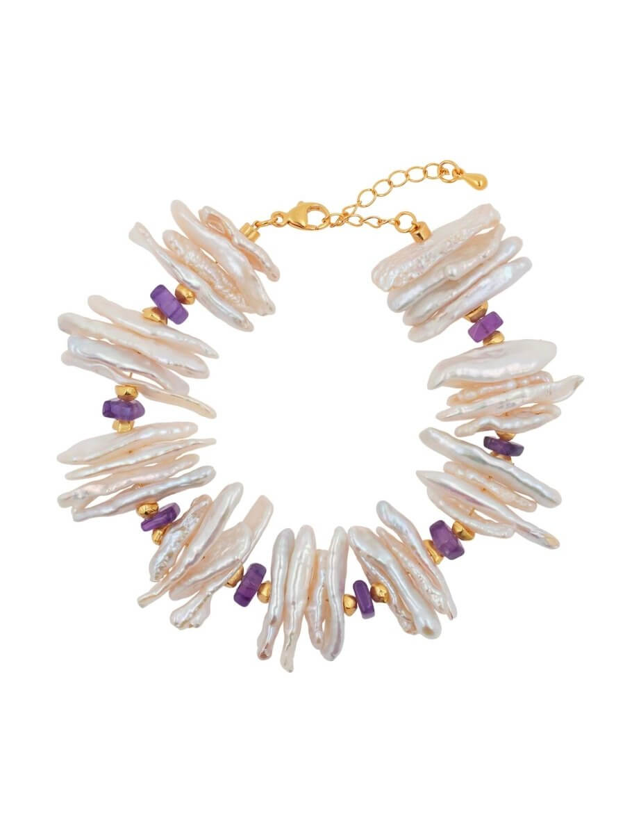 BEAMMORE Amethyst & Biwa Pearl Beaded Gold-Plated Sterling Silver Bracelet – Gemstone Jewelry