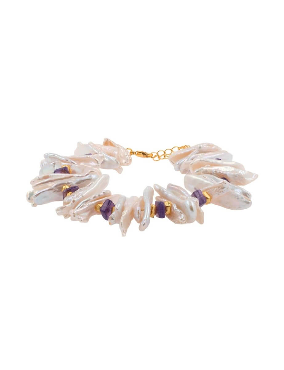 BEAMMORE Amethyst & Biwa Pearl Beaded Gold-Plated Sterling Silver Bracelet – Gemstone Jewelry
