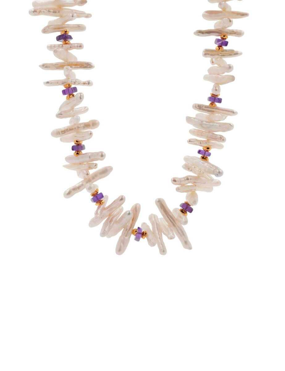 BEAMMORE Amethyst & Biwa Pearl Beaded Gold-Plated Sterling Silver Necklace – Gemstone Jewelry