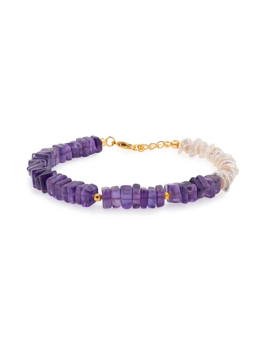 BEAMMORE Amethyst & Freshwater Pearl Beaded Gold-Plated Sterling Silver Bracelet – Beaded Gemstone Jewelry