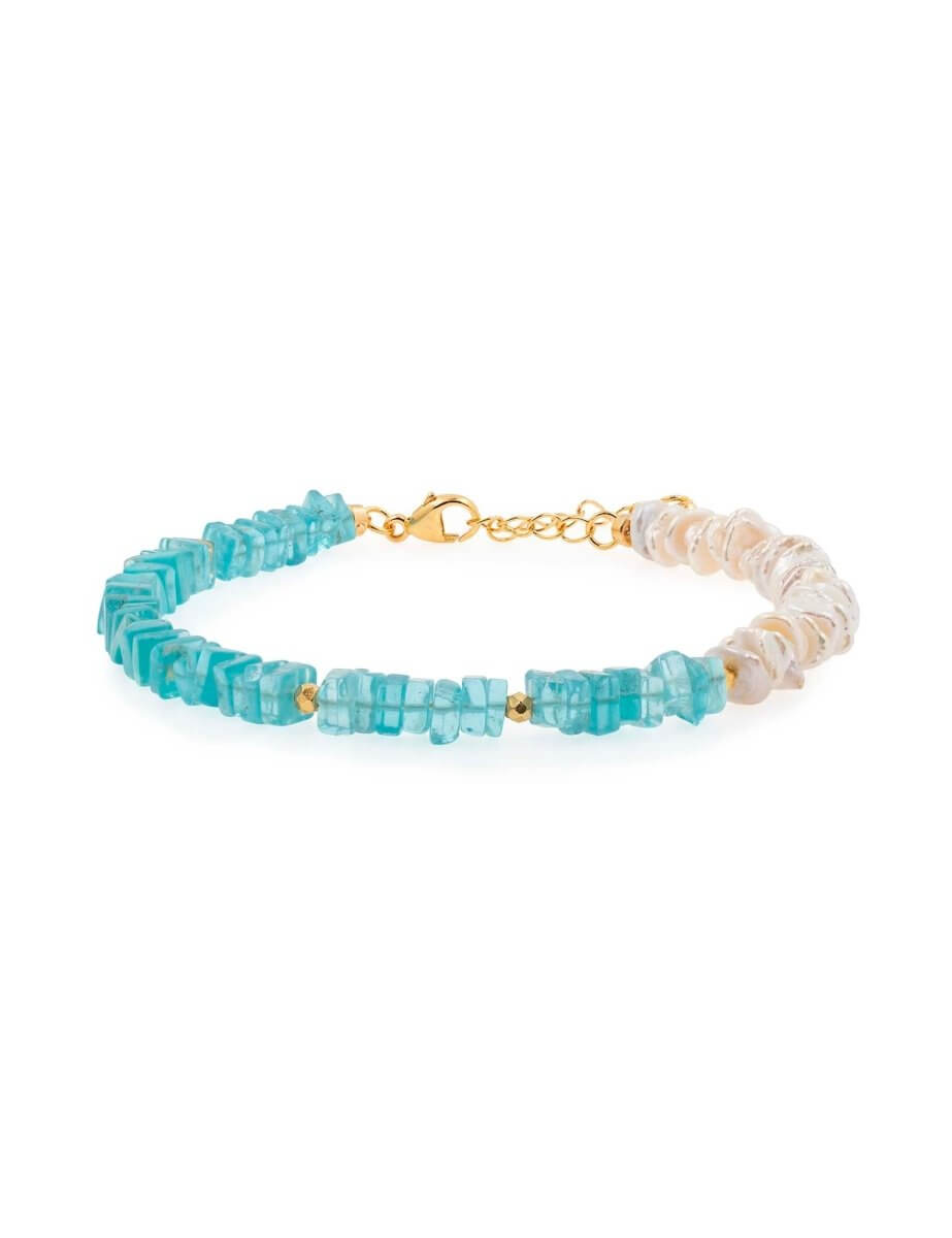 BEAMMORE Faceted Apatite & Freshwater Pearl Beaded Gold-Plated Sterling Silver Bracelet – Beaded Gemstone Jewelry