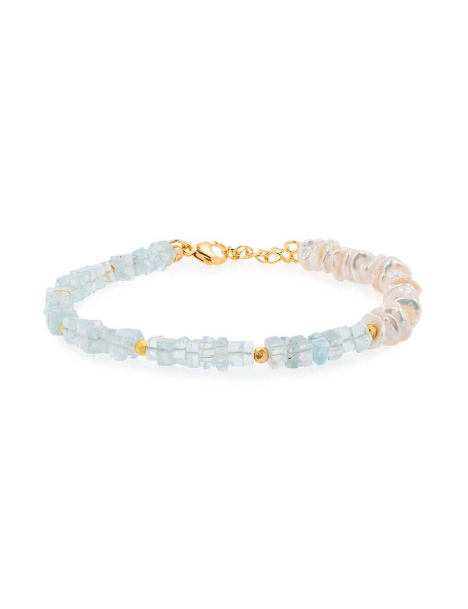 BEAMMORE Aquamarine & Freshwater Pearl Beaded Gold-Plated Sterling Silver Bracelet – Beaded Gemstone Jewelry