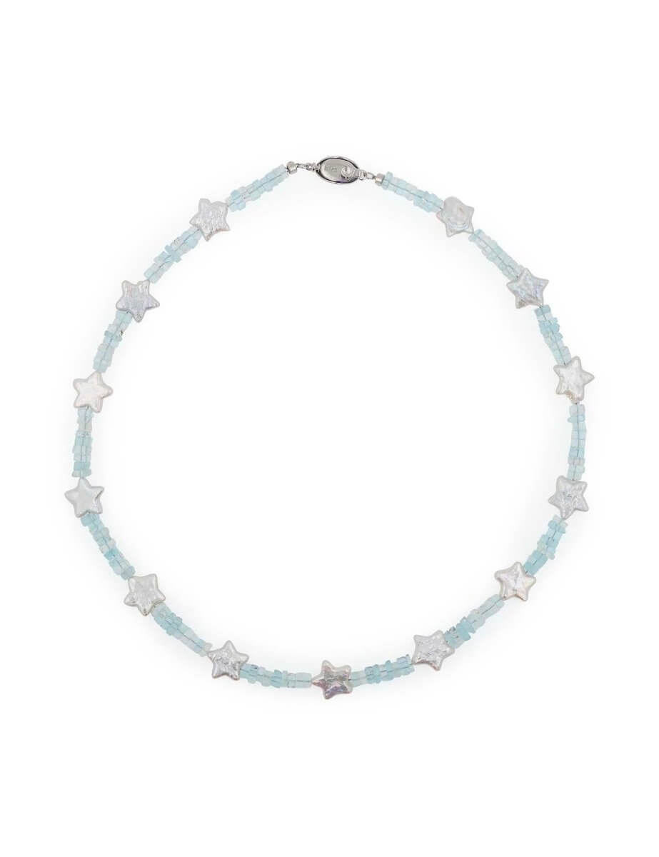 BEAMMORE Star-Shaped Pearl & Aquamarine Beaded Gold-Plated Sterling Silver Necklace – Gemstone Jewelry