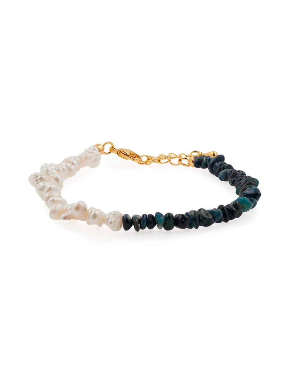 BEAMMORE Iridescent Black Opal & Freshwater Pearl Beaded Gold-Plated Sterling Silver Bracelet – Beaded Gemstone Jewelry