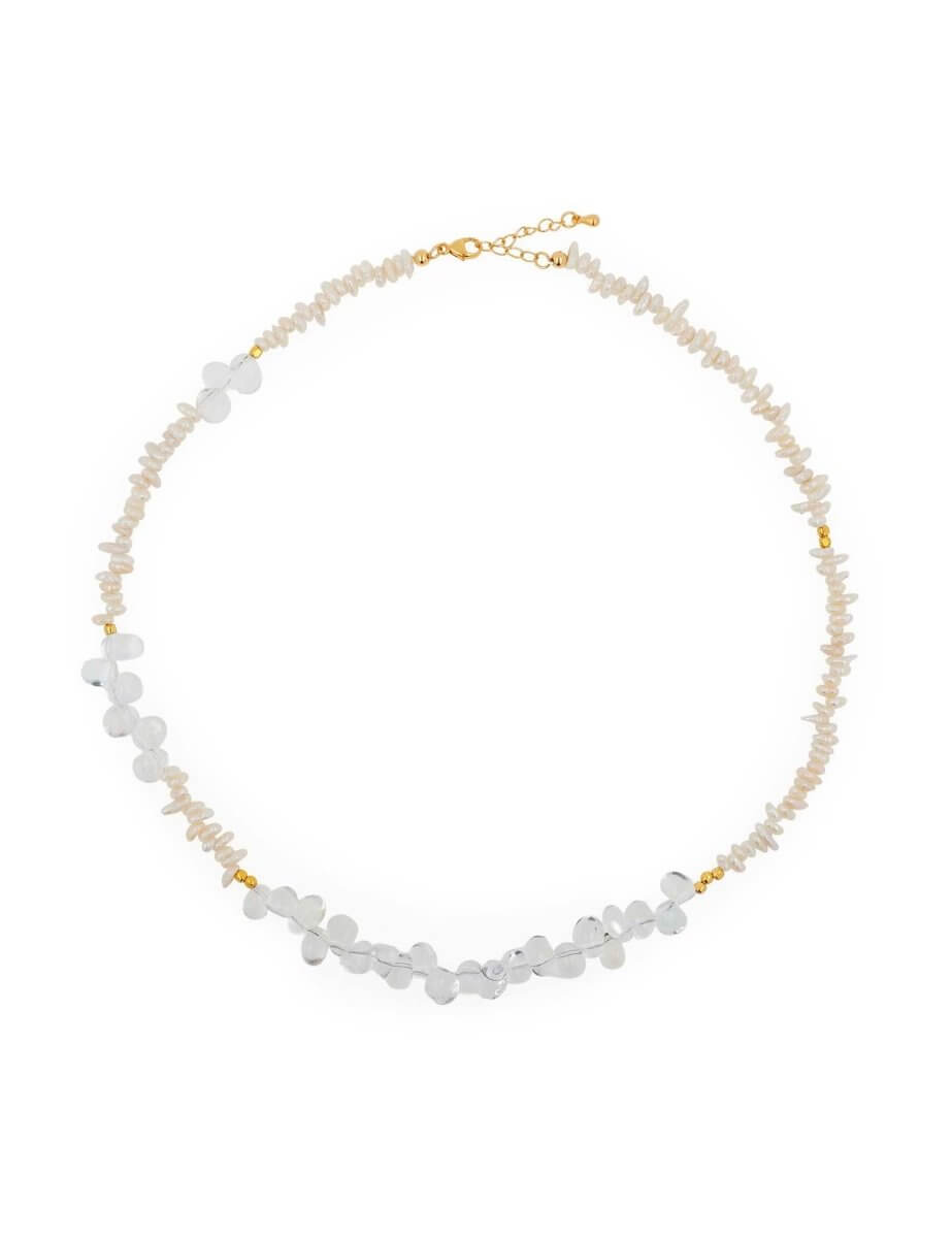 BEAMMORE Clear Quartz & Freshwater Pearl Beaded Gold-Plated Sterling Silver Necklace – Gemstone Jewelry