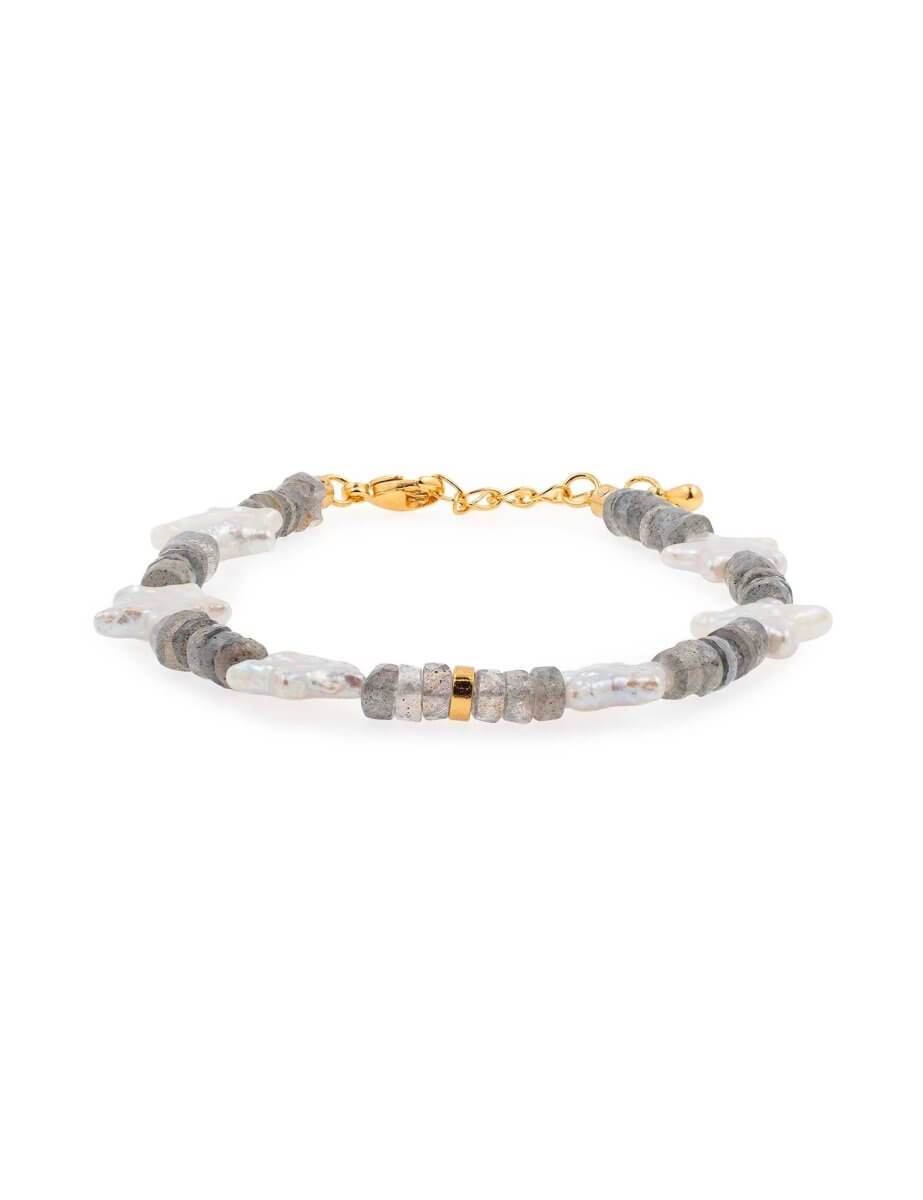 BEAMMORE Star-Shaped Pearl & Grey Moonstone Beaded Gold-Plated Sterling Silver Bracelet – Gemstone Jewelry