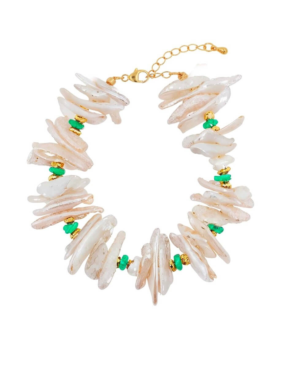 BEAMMORE Green Agate & Biwa Pearl Beaded Gold-Plated Sterling Silver Bracelet – Gemstone Jewelry