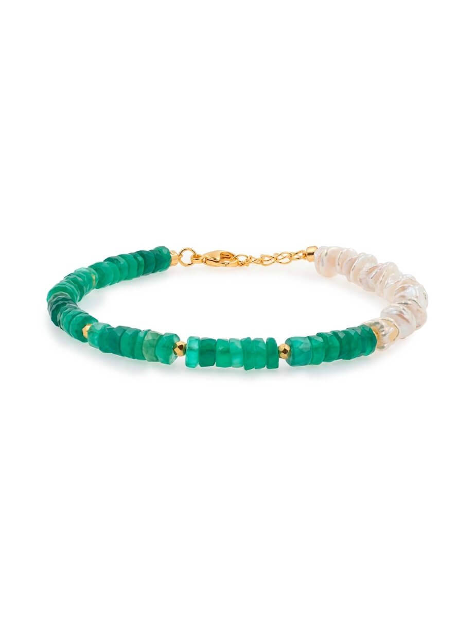 BEAMMORE Green Agate & Freshwater Pearl Beaded Gold-Plated Sterling Silver Bracelet – Beaded Gemstone Jewelry