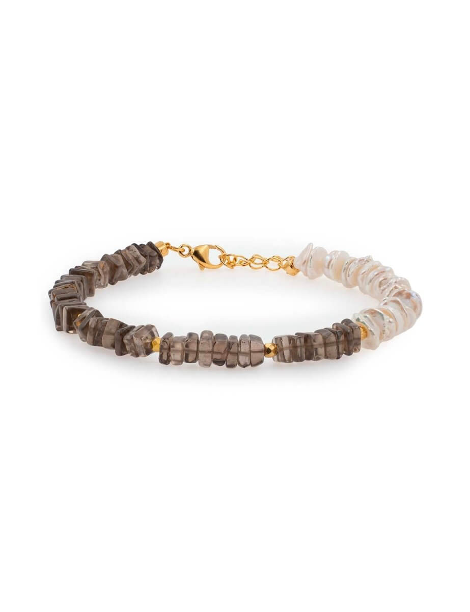 BEAMMORE Smoky Quartz & Freshwater Pearl Beaded Gold-Plated Sterling Silver Bracelet – Beaded Gemstone Jewelry