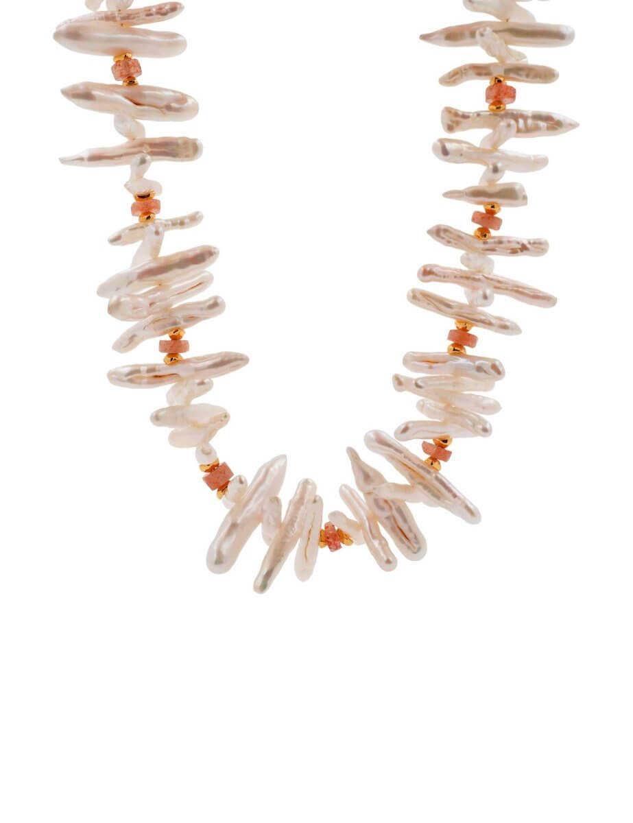 BEAMMORE Sunstone & Biwa Pearl Beaded Gold-Plated Sterling Silver Necklace – Gemstone Jewelry