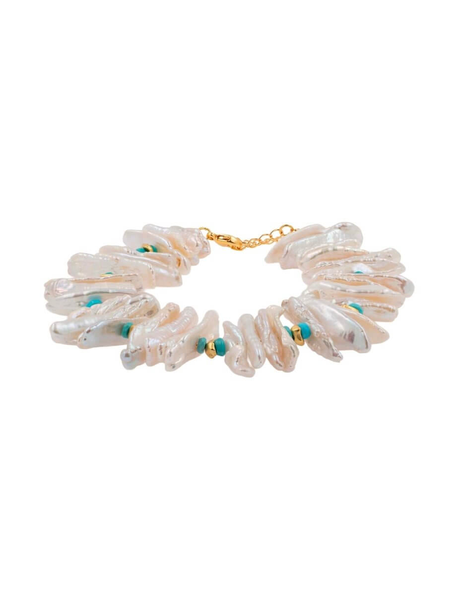BEAMMORE Turquoise & Biwa Pearl Beaded Gold-Plated Sterling Silver Bracelet – Gemstone Jewelry