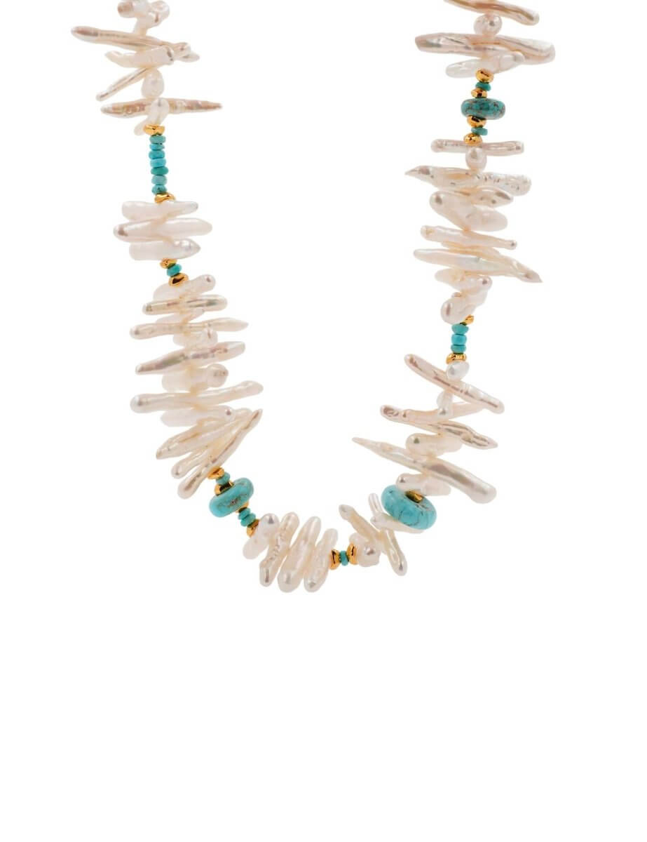 BEAMMORE Turquoise & Biwa Pearl Beaded Gold-Plated Sterling Silver Necklace – Gemstone Jewelry