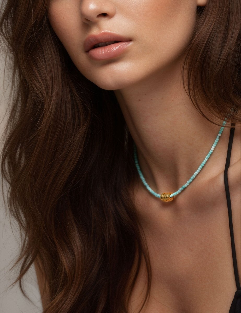 Model wearing BEAMMORE turquoise beaded necklace – Elegant birthstone jewelry gift for women