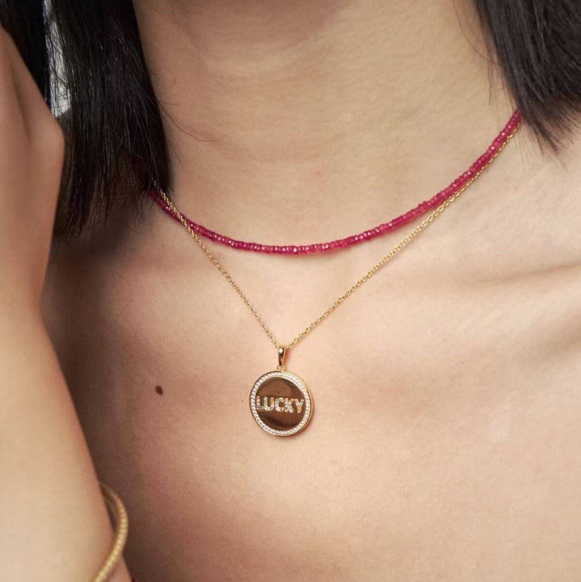 Model wearing BEAMMORE HALO Lucky 18K gold vermeil disc pendant necklace – Minimal, layer-ready style