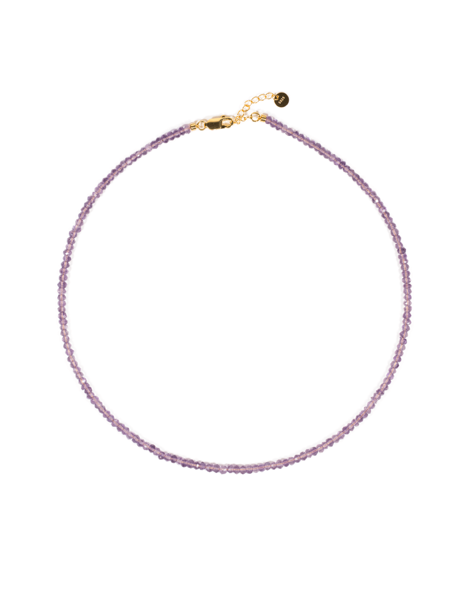 Close-up of amethyst beads and metal beads in NOVA necklace – BEAMMORE craftsmanship