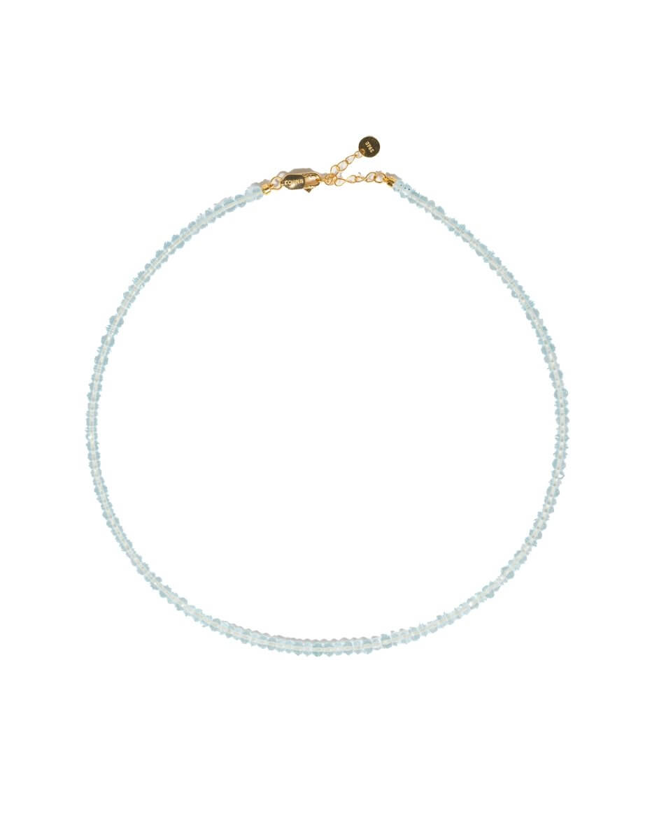Close-up of aquamarine beads and metal beads in NOVA necklace – BEAMMORE craftsmanship