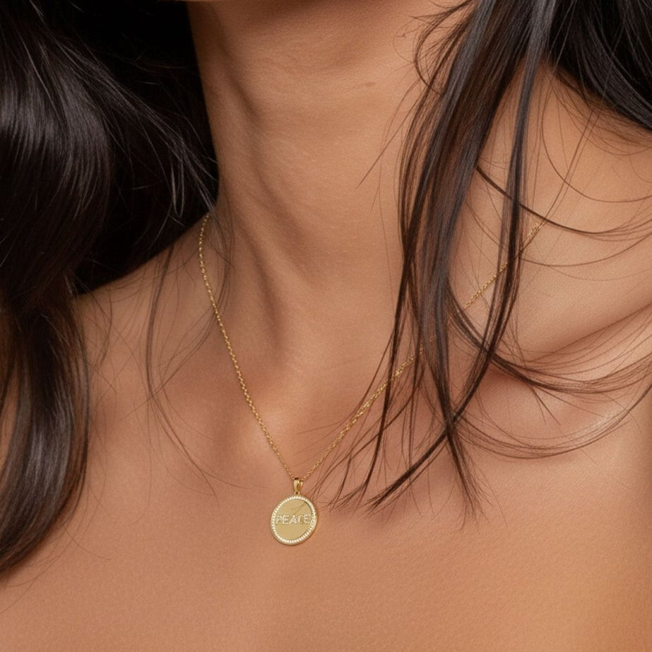 Model wearing Peace CZ Disc Necklace — 18K Gold VermeilJewelryBeamMore