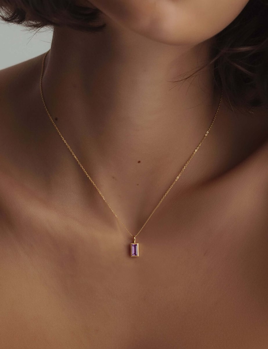 Model wearing Pink Topaz Rectangle Charm - BeamMore
