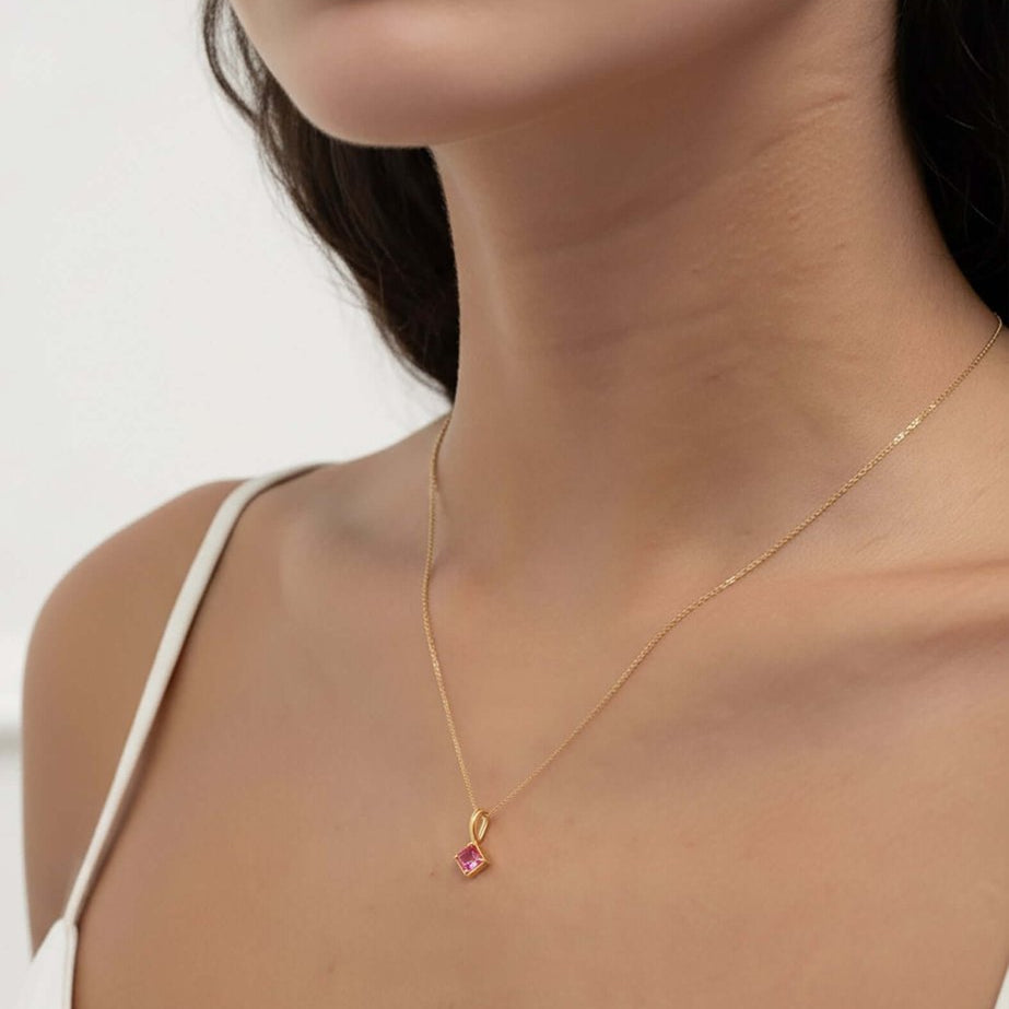Model wearing Pink Topaz Square Charm - BeamMore